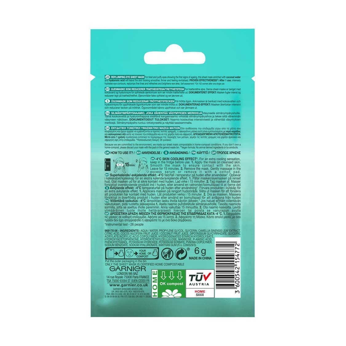 3600542154772 Garnier SkinActive MoistureBomb Eye Tissue Mask Coconut BACK